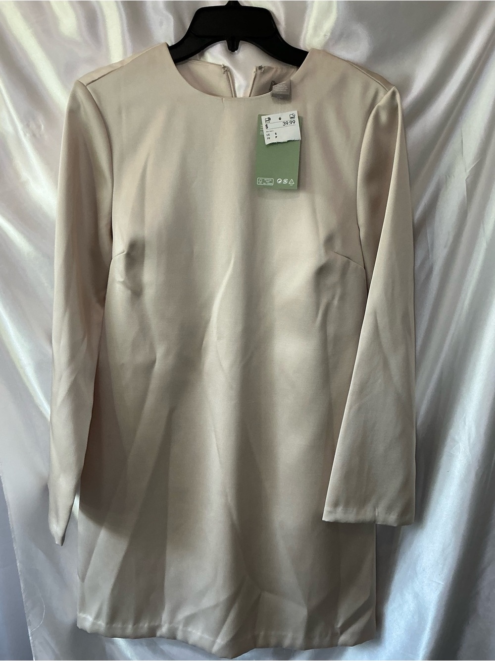 NWT H&M Taupe Champagne Shimmer Satin Mini Dress Bell Sleeves Small